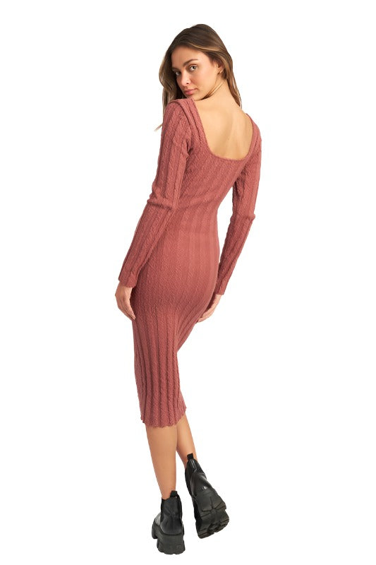 SQUARE NECK RIBBED MIDI DRESS
