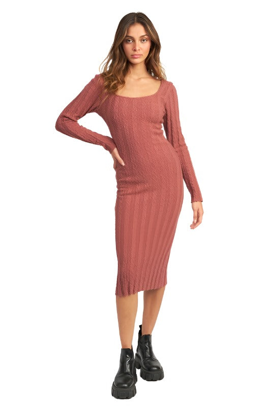 SQUARE NECK RIBBED MIDI DRESS