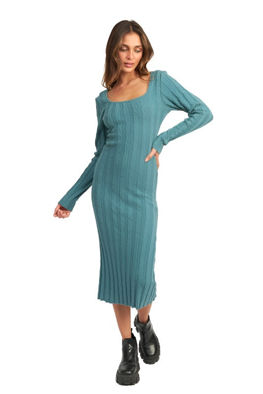 SQUARE NECK RIBBED MIDI DRESS