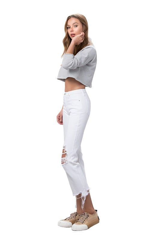 High Waist Ripped Frayed Hem Straight Jeans