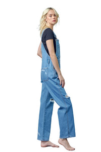 Pocket Patched Ripped Denim Overalls