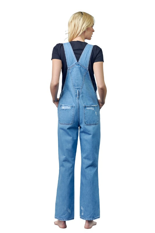 Pocket Patched Ripped Denim Overalls