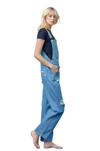 Pocket Patched Ripped Denim Overalls