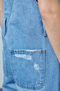 Pocket Patched Ripped Denim Overalls