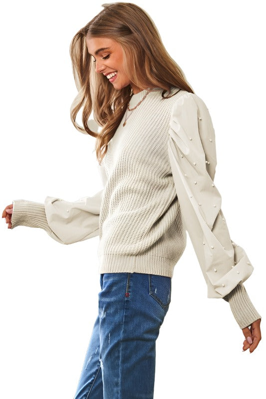 Pearl Embellishments Contrast Sleeves Sweater