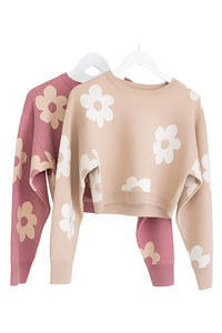 Long Sleeve Crop Sweater with Daisy Pattern