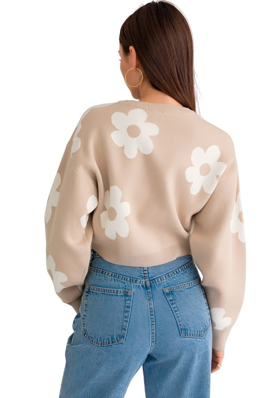 Long Sleeve Crop Sweater with Daisy Pattern