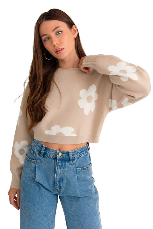 Long Sleeve Crop Sweater with Daisy Pattern