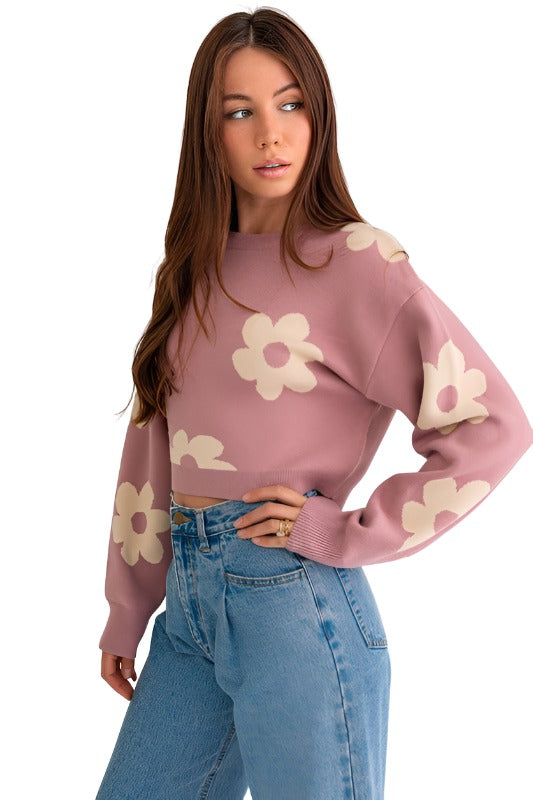 Long Sleeve Crop Sweater with Daisy Pattern