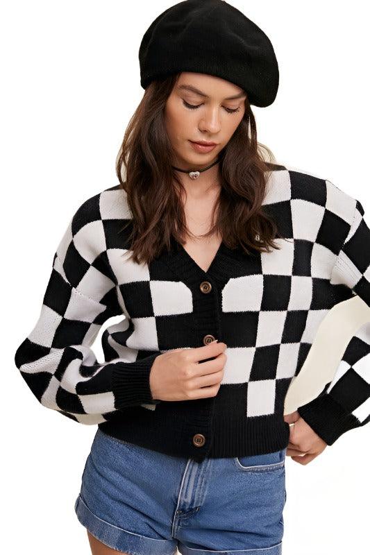 Bold Gingham Sweater Weaved Crop Cardigan - The Lelia