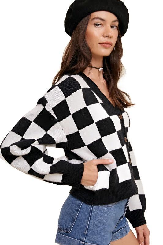 Bold Gingham Sweater Weaved Crop Cardigan - The Lelia