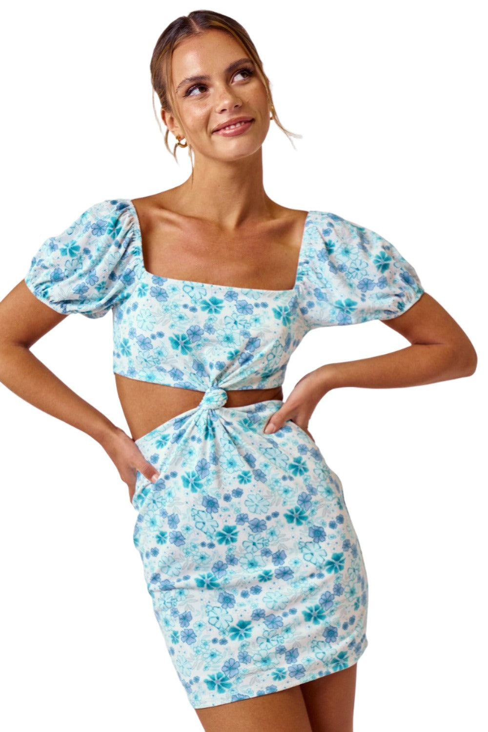 PUFFED SLEEVE SIDE CUT OUT FLORAL DRESS