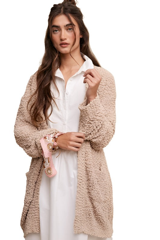 Popcorn Open Knit Cardigan Sweater