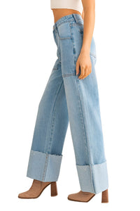 High-Waisted Wide Leg Cuffed Jeans