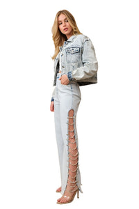Cut Out At Side w/ Jewel Trim Stretch Denim Jeans - The Lelia