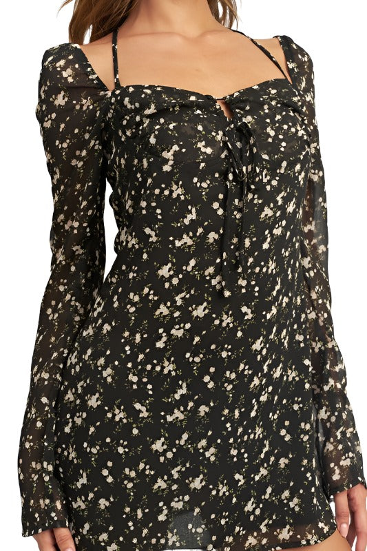 FLORAL LONG SLEEVE DRESS WITH HALTER DETAIL