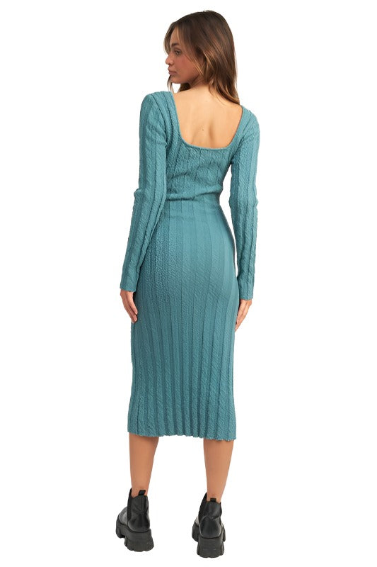 SQUARE NECK RIBBED MIDI DRESS