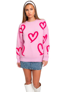 Long Sleeve Round Neck Heart Printed Sweater