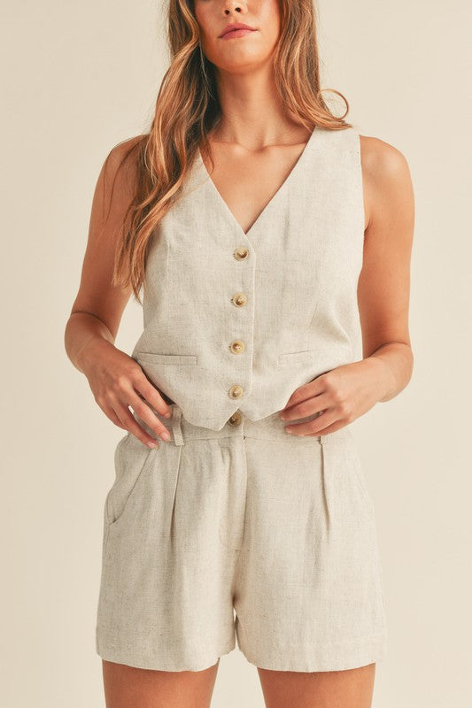 LINEN MIX BUTTON DOWN VEST AND SHORTS SET