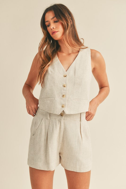 LINEN MIX BUTTON DOWN VEST AND SHORTS SET