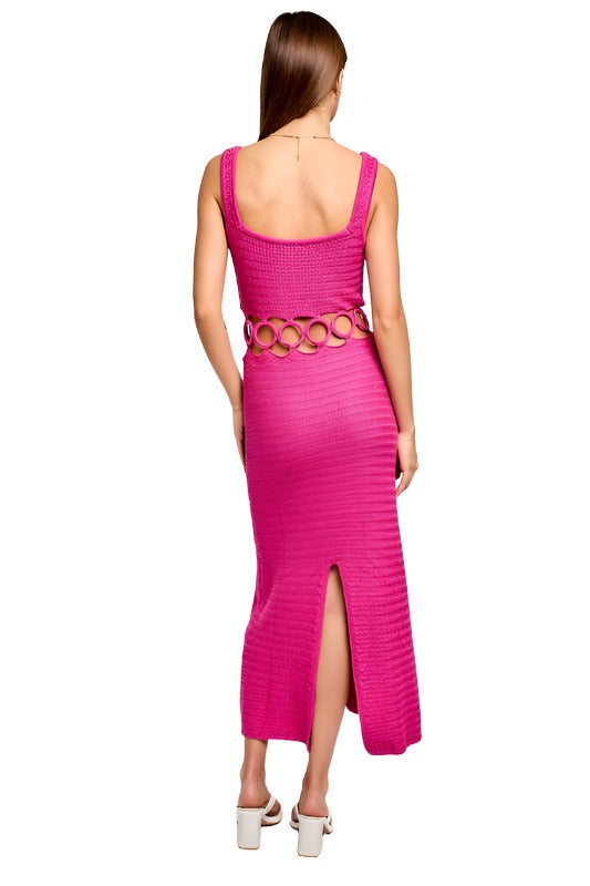 SQUARE NECK SLEEVELESS CROCHET MIDI DRESS