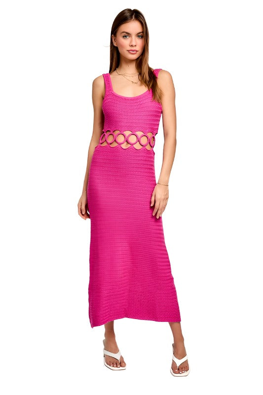 SQUARE NECK SLEEVELESS CROCHET MIDI DRESS