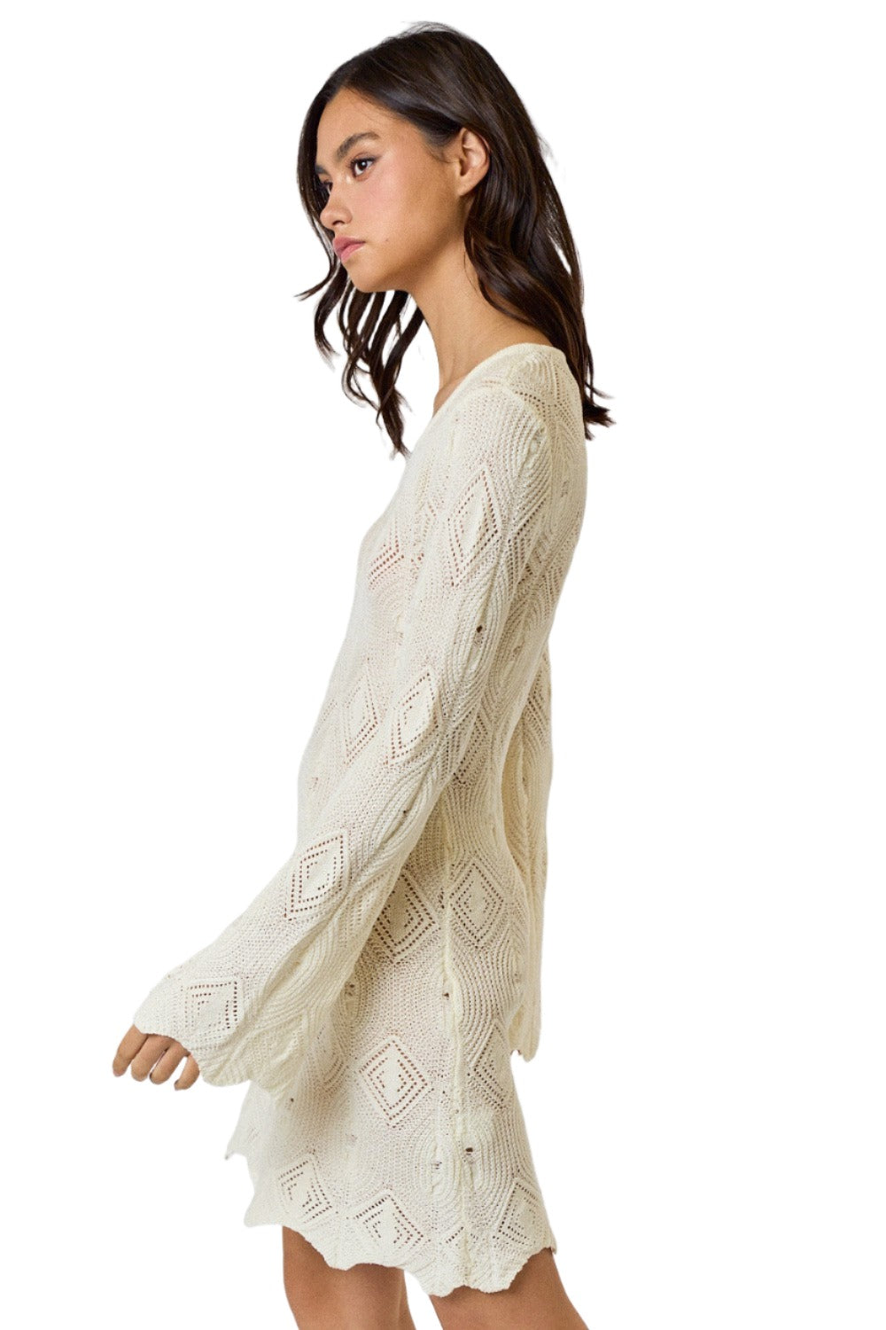 CROCHET BELL SLEEVE V-NECK SWEATER COVER UP DRESS