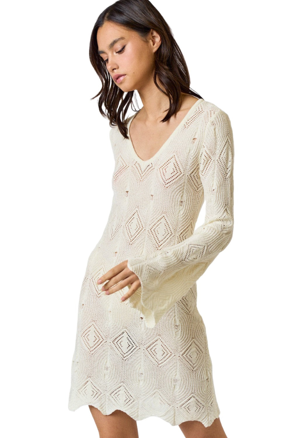 CROCHET BELL SLEEVE V-NECK SWEATER COVER UP DRESS