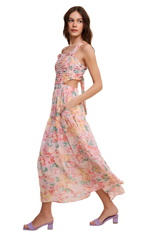 Floral Bubble Textured Two-Piece Style Maxi Dress