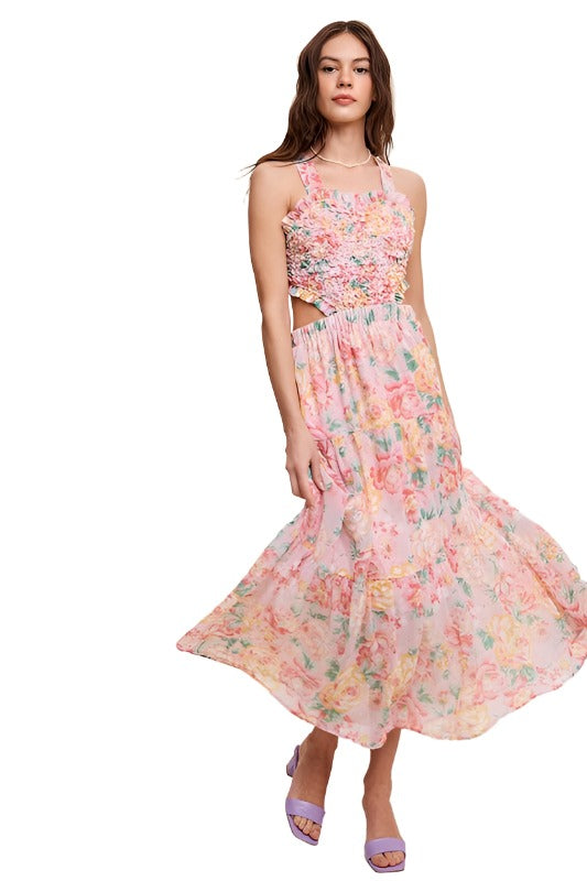 Floral Bubble Textured Two-Piece Style Maxi Dress