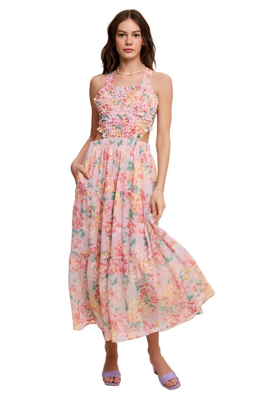 Floral Bubble Textured Two-Piece Style Maxi Dress