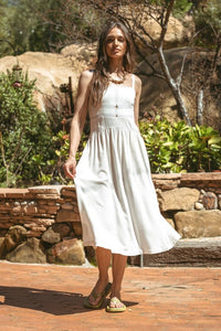 Washed Linen Contrast Stitch Midi Dress