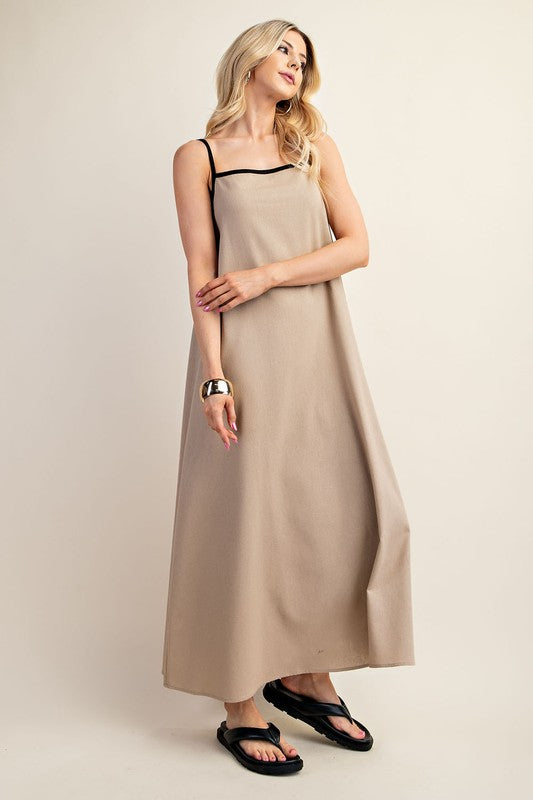 Contrast Piping Linen Midi Dress