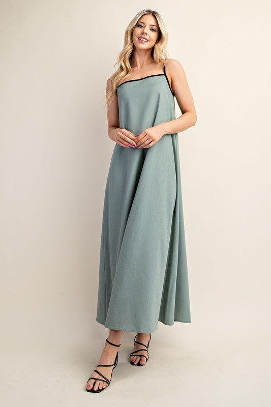 Contrast Piping Linen Midi Dress