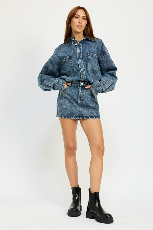 BUTTON UP DENIM MINI DRESS