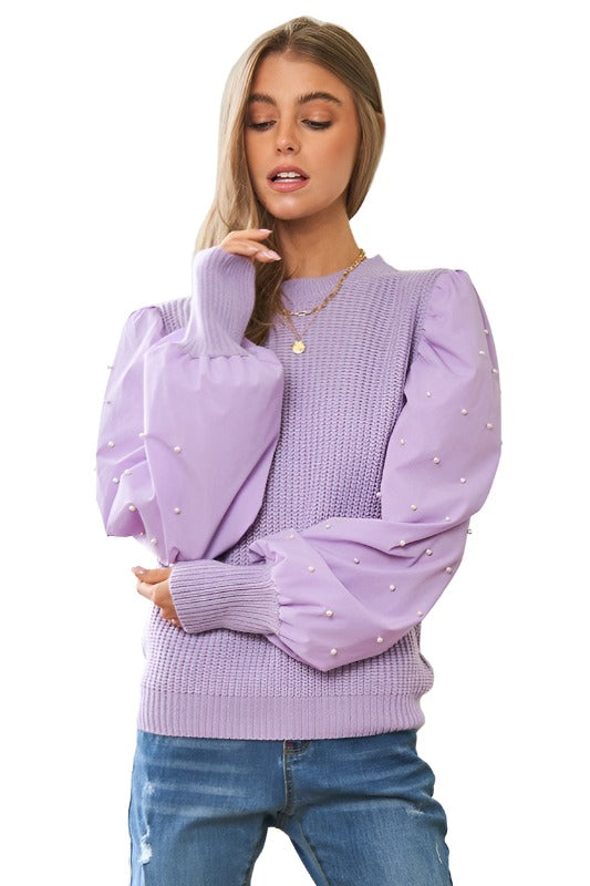 Pearl Embellishments Contrast Sleeves Sweater