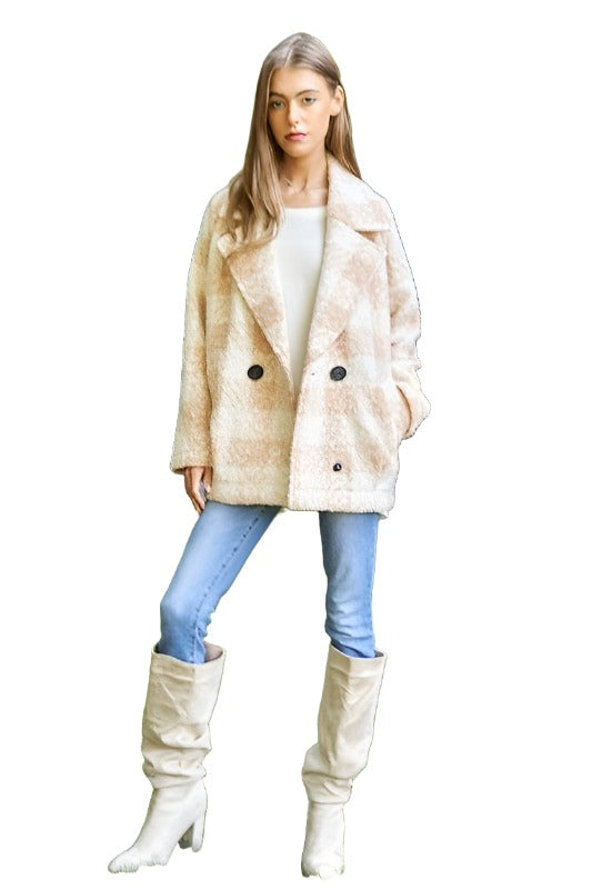 Fuzzy Boucle Textured Double Breasted Coat Jacket