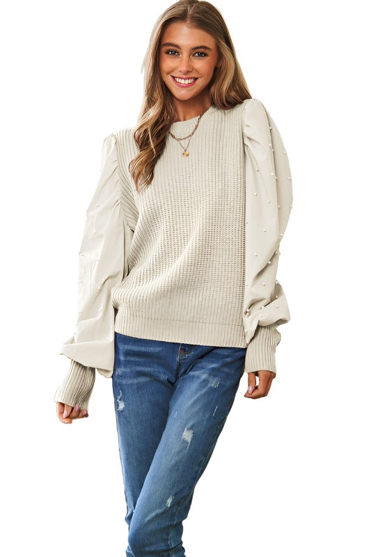 Pearl Embellishments Contrast Sleeves Sweater