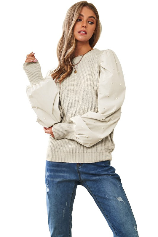 Pearl Embellishments Contrast Sleeves Sweater