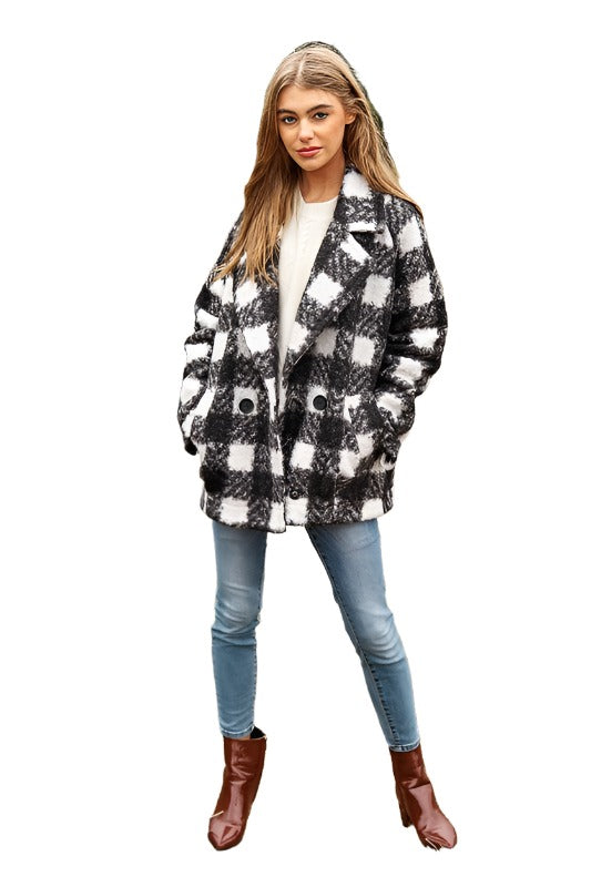 Fuzzy Boucle Textured Double Breasted Coat Jacket