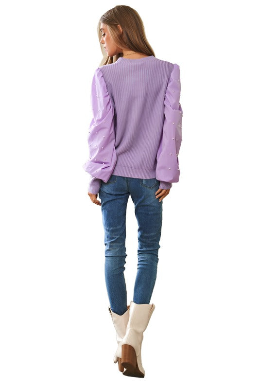 Pearl Embellishments Contrast Sleeves Sweater