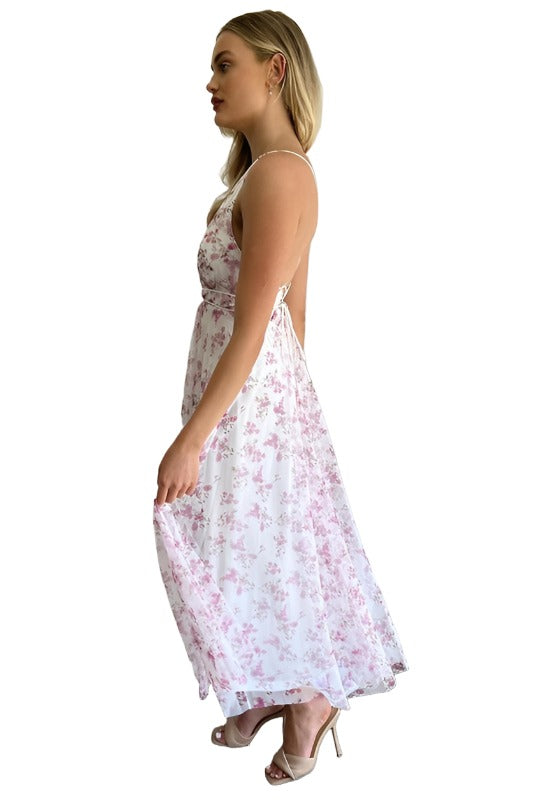 Floral printed plunging neck tulle maxi dress - 27460DM04