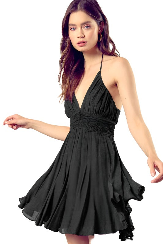 Lace Trim Back Drawstring Dress