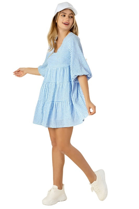 Gingham checked tiered dress